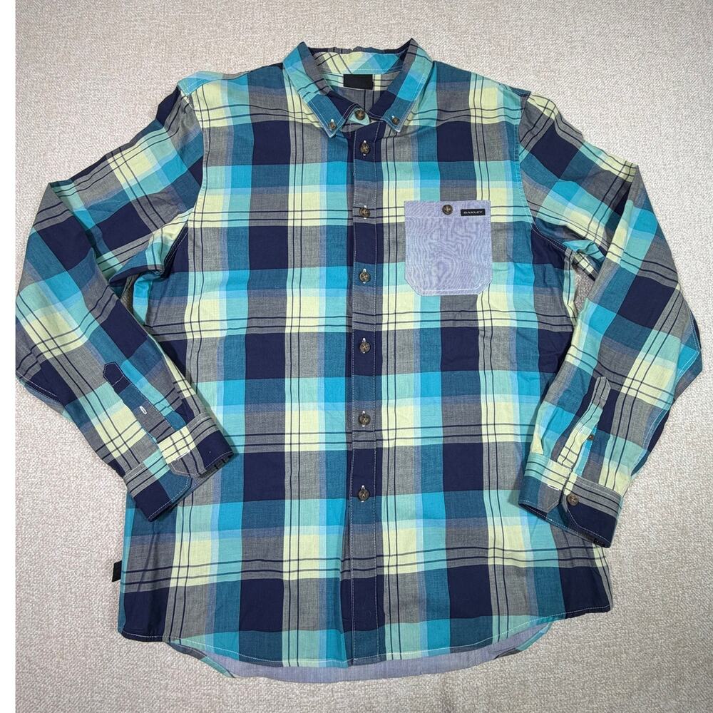 Oakley Men L Blue White Plaid Long Sleeve Button Front Casual Outdoor Shirt